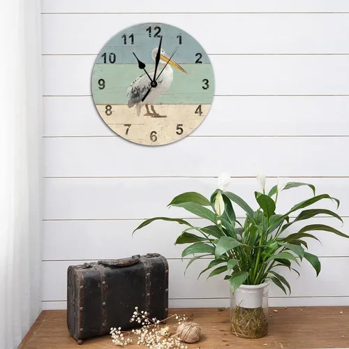Vista 4 de Reloj de pared redondo de madera de estilo chic con números arábigos de pelícano retro, funciona con pilas, reloj de pared silencioso sin tictac