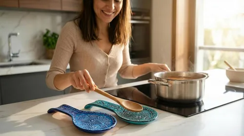 Vista 4 de Juego de 2 cucharas de cerámica turca para encimera, decoración de cocina para encimera, hecho a mano, apto para lavavajillas