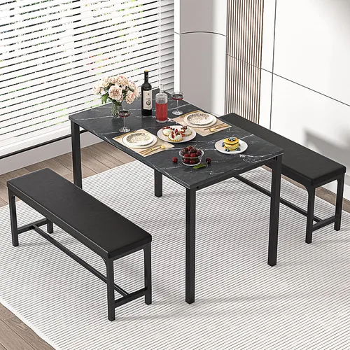 Vista 7 de VECELO Mesa de cocina extensible de 3 piezas de 63 pulgadas con bancos/sillas, moderno juego de desayuno/comedor para 4/6/2, diseño de ahorro