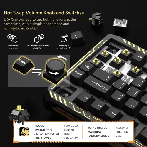 Vista 3 de Womier ERA75 Teclado mecánico inalámbrico 75% con VIA/QMK, perilla, teclado personalizado de aluminio completo, interruptores POM lubricados