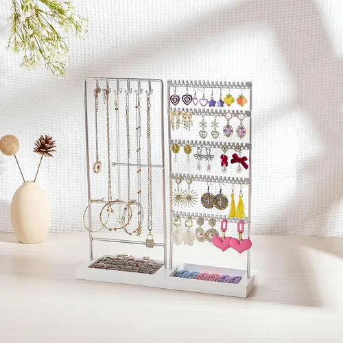 Vista 3 de Vtopmart Organizador de aretes, 5 niveles, organizador de aretes para venta, organizador de joyas con 90 agujeros, plateado y blanco