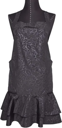 Vista 5 de BeautyLove Bloom Delantal de salón con doble volantes, diseño de uñas, dos bolsillos grandes con cremallera, resistente al agua, color negro, flor