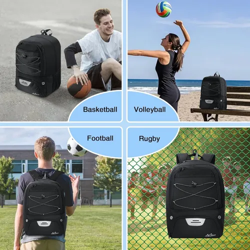 Vista 8 de MoKo Mochila de baloncesto con gancho, mochila grande de voleibol y fútbol, bolsa de gimnasio con compartimentos separados para pelotas y zapatos