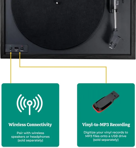 Vista 3 de Electrohome Montrose - Tocadiscos de vinilo inalámbrico de 2 velocidades, con lápiz óptico Audio-Technica, Bluetooth, grabación de vinilo a MP3