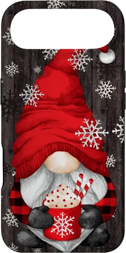 Vista 26 de iPhone 14 Pro Gnomo de Navidad rojo para mujeres con taza de cacao caliente lindo estuche de Navidad