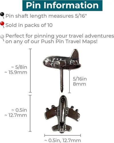 Vista 2 de Juego de 10 pasadores de avión Gunmetal para trotamundos y entusiastas de la aviación, para pared de fotos, pizarra, tablero de corcho, mapa, tablón