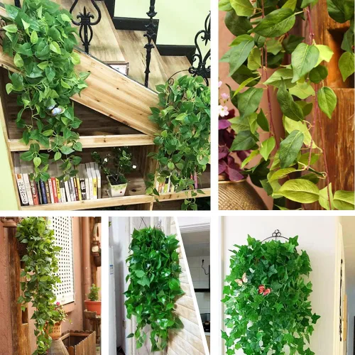 Vista 6 de 3 plantas colgantes artificiales de hojas de enredadera, planta colgante falsa de 3.44 pies, 5 plantas de vid falsas bifurcadas para pared