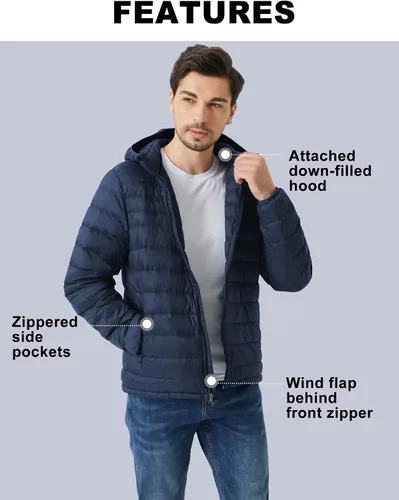 Vista 5 de ANOTHER CHOICE Chaqueta acolchada de plumón para hombre, ligera, con capucha, plegable, cálida, para invierno