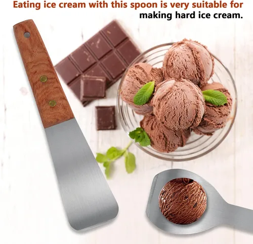 Vista 7 de Cuchara de helado de 2 piezas con mango de madera, pala de postre de acero inoxidable y cortador de mantequilla, herramienta esencial de cocina