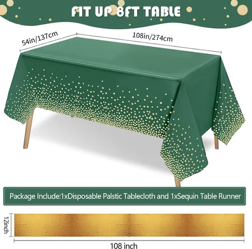 Vista 5 de Set de mantel y camino de mesa de lentejuelas Tudomro, 54 x 108 pulgadas con lunares y confeti, mantel de plástico brillante para fiestas de Verde