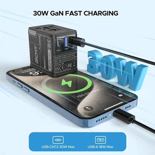 Vista 4 de Adaptador de viaje universal de 30 W GaN, KEY POWER Adaptador de corriente internacional todo en uno con 2 USB-C y 1 USB-A, convertidor de enchufe