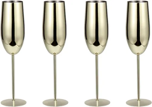 Vista 12 de Copas de champán de acero inoxidable, juego de 4 copas de vino irrompibles de 9.5 onzas, copas elegantes de tallo para tostadas a mano, para bodas