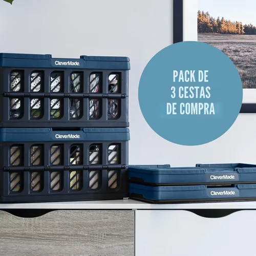 Vista 7 de CleverMade - Cestas de compras plegables con asas, 24 litros, paquete de 3, color océano