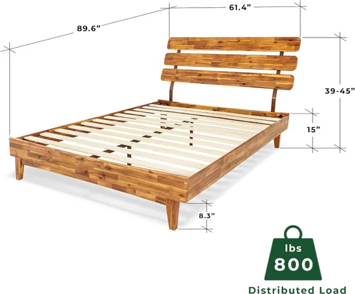 Vista 6 de Bme Caden Base de cama de lujo de 15 pulgadas con cabecera ajustable, estilo de mediados de siglo con madera de acacia, no necesita somier, soporte