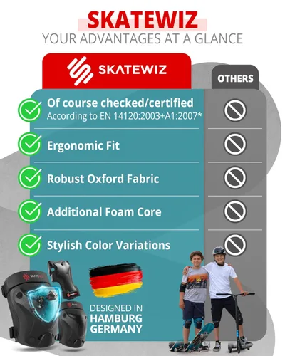 Vista 7 de SKATEWIZ Rodilleras para Niños - Juego de Rodilleras y Coderas - PROTECT-1 - Talla S Negro - Protectores de Muñeca Equipo Protector para Patinaje