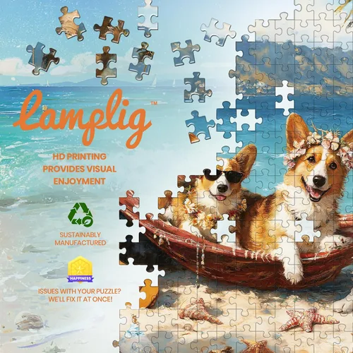 Vista 6 de Rompecabezas para adultos de 1000 piezas, rompecabezas de 1000 piezas con letras en la parte posterior, rompecabezas de perro Corgi Happy Beach