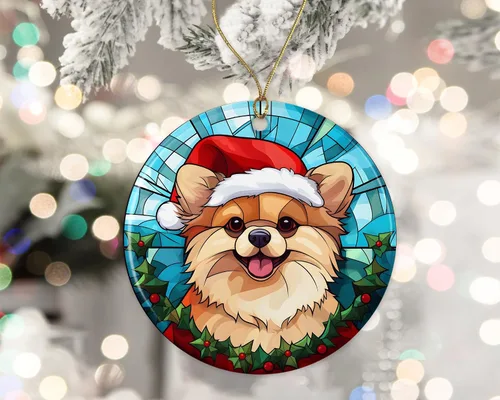 Vista 2 de Pomerania - Adorno de cerámica con vitrales de Navidad, adorno colgante para árbol de Navidad, adorno de vitral de perro, adorno religioso