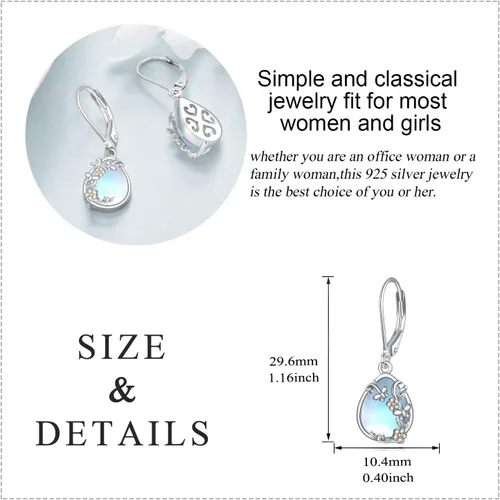 Vista 279 de Aretes colgantes con forma de lágrima de filigrana de piedra lunar de plata de ley 925 con cierre de palanca para mujer, regalos de joyería