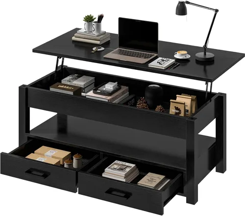 Vista 3 de FABATO Mesa auxiliar elevable de 41.7 pulgadas con 2 cajones de almacenamiento con compartimento oculto, estante de almacenamiento abierto para sala