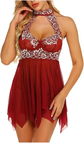 Vista 2 de BOOBILY Women Lingerie Halter Chemise Lace Embroidery Backless Babydoll Gauze Nightwear V Neck Teddy Lingerie Dress