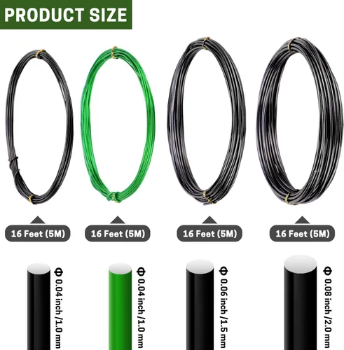 Vista 2 de Kit de alambre de bonsái 4 rollos, juego de alambre de entrenamiento de bonsái de aluminio de 64 pies 16 pies (verde+negro)