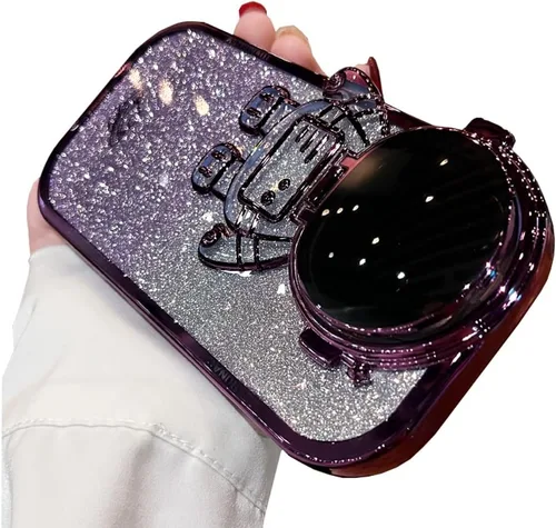 Vista 19 de Funda de teléfono con soporte oculto de astronauta para iPhone 11, bonito protector de cámara de lente de astronauta, soporte con purpurina