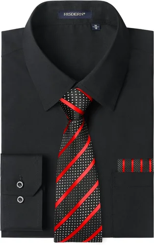 Vista 71 de HISDERN Mens Dress Shirt with Tie Pocket Square Set Classic Button Down Shirt Matching Tie Long Sleeve Shirts 08-verde