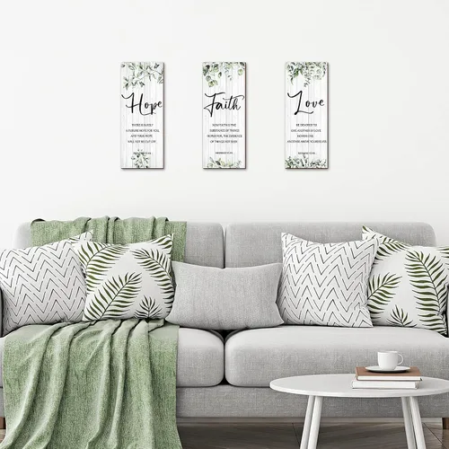 Vista 3 de 3 piezas de decoración de pared cristiana decoración de pared verde inspirador escritura escritura placa colgante rústico hojas signo cita