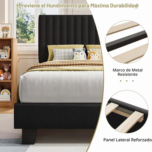 Vista 5 de iPormis Base de cama tamaño twin, cama de plataforma tapizada con cabecera de lino vertical, patas de cama anchas y soporte de listones de madera