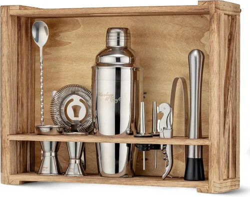 Vista 10 de Conjunto de accesorios para cócteles y bar con soporte de madera rústica