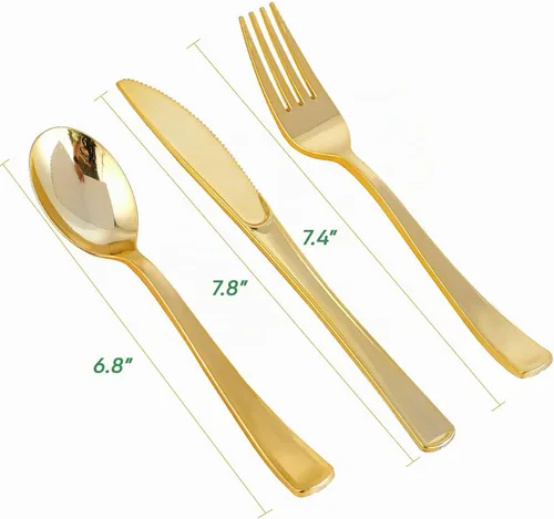 Vista 3 de FOCUSLINE Juego de 75 cubiertos desechables de plástico dorado, 25 tenedores, cuchillos, cucharas, cubiertos desechables, juego de utensilios
