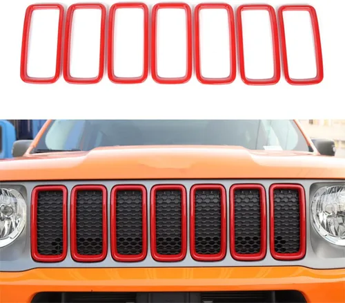 Vista 2 de Insertos de rejilla + lámpara antiniebla delantera + bisel de señal de giro + cubierta de faro delantero para Jeep Renegade 2019+, rojo