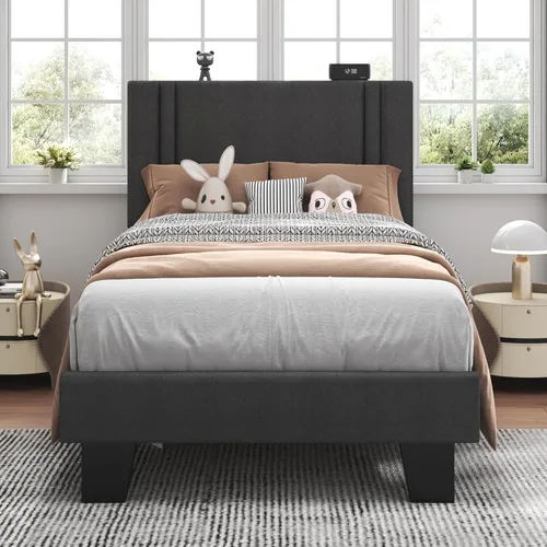 Vista 11 de Feonase Base de cama individual con plataforma doble, marco de cama individual tapizado en terciopelo, listones de madera maciza y soporte para pies