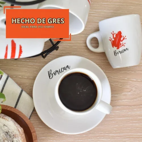 Vista 3 de IMUSA Juego de 8 tazas de espresso Boricua de 3 onzas con platillos y estante