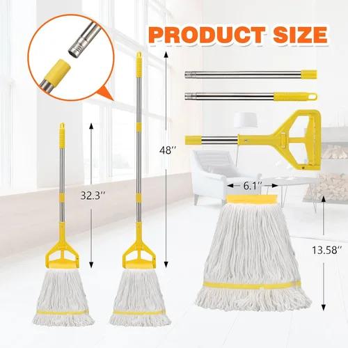 Vista 3 de Trapeador húmedo industrial resistente con mango largo de 48 pulgadas, mopas comerciales húmedas de algodón para limpieza de pisos, hogar, cocina