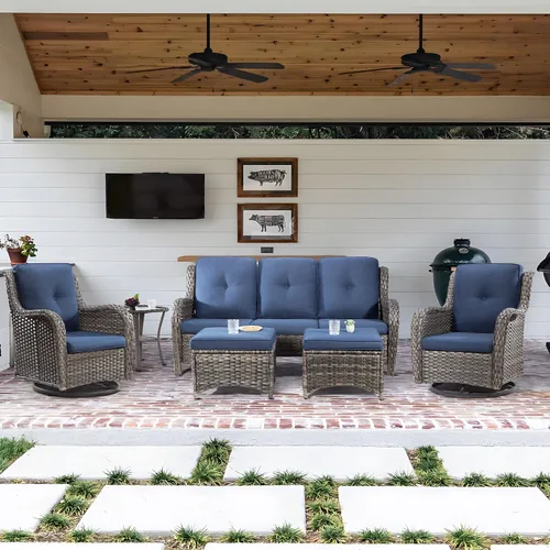Vista 64 de Juego de 2 sillas de patio giratorias de 360 grados para exteriores y mesa auxiliar a juego – 3 sillas deslizantes de mimbre para patio con cojines
