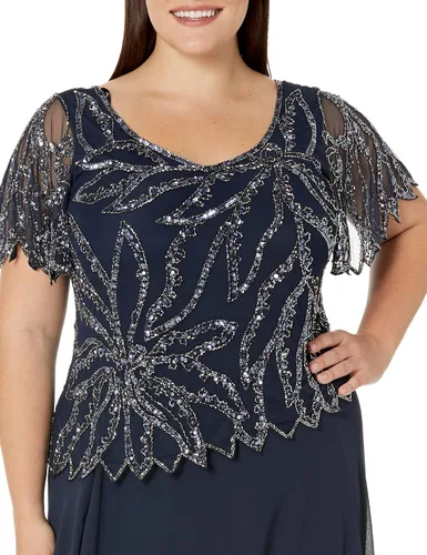 Vista 3 de J Kara Vestido largo de manga corta con cuentas de talla grande para mujer