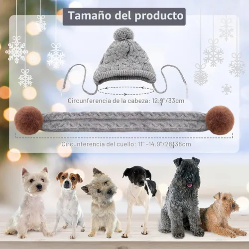 Vista 2 de Kuoser Juego de gorro y bufanda de invierno para perros, gorro tejido para mascotas, gorro cálido de Navidad, accesorios bonitos, bufanda para Gris