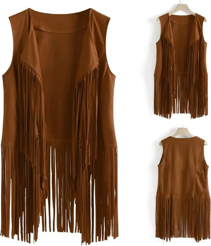 Vista 3 de Chaleco sin mangas con borlas para mujer, estilo retro de los años 70, estilo hippie, cárdigans de moda de gamuza sintética, chaquetas casuales