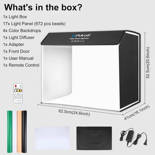 Vista 8 de PULUZ Caja de luz portátil para estudio fotográfico, caja de fotos grande de 24.6 x 16 pulgadas, kit de estudio profesional regulable con 672 luces