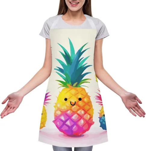 Vista 3 de MUSM Apron for Adults - 27.6 X 31.5 Inch, Heavy-Duty Polyester Aprons with Two Large Pockets, Waterproof Rainbow Pineapple Cartoon Kitchen Apron for