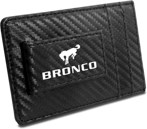 Vista 2 de iPick Image Ford Bronco - Cartera de piel de fibra de carbono negra con bloqueo RFID, funda para tarjetas, 4-3/8" x 2-3/4", Negro