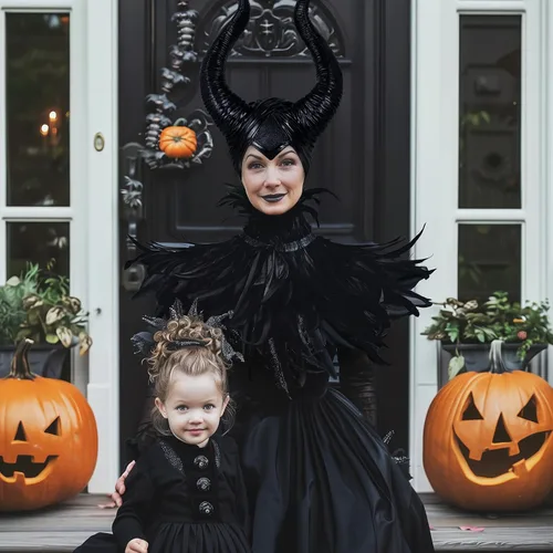 Vista 4 de HOMELEX Disfraz de cuernos de plumas de reina malvada para mujer, capa negra, accesorios de chal para Halloween