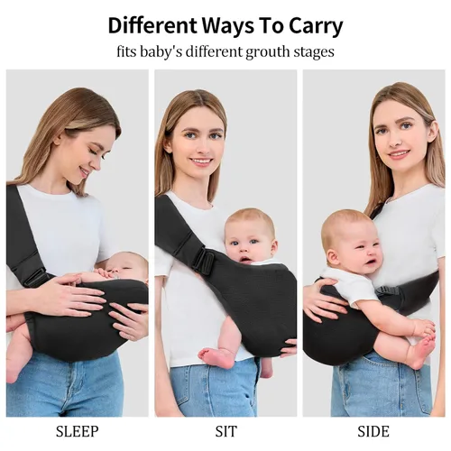 Vista 8 de Portabebés para recién nacidos a niños pequeños, mejorado y ajustable con un solo hombro, ligero, portátil, con tela transpirable y soporte Negro