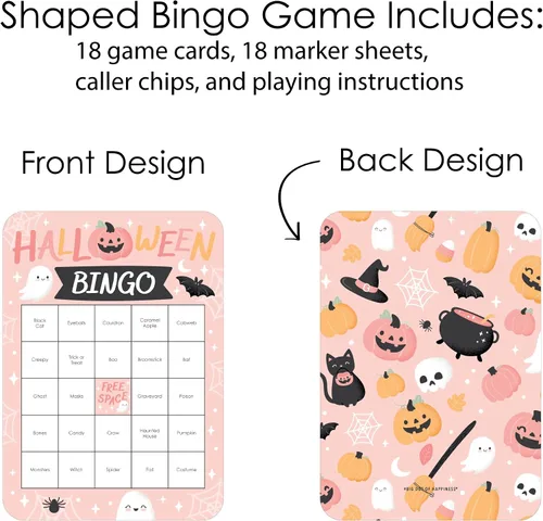 Vista 3 de Big Dot of Happiness Pastel Halloween - Tarjetas de bingo y marcadores - Juego de bingo de fiesta de calabaza rosa - Juego de 18