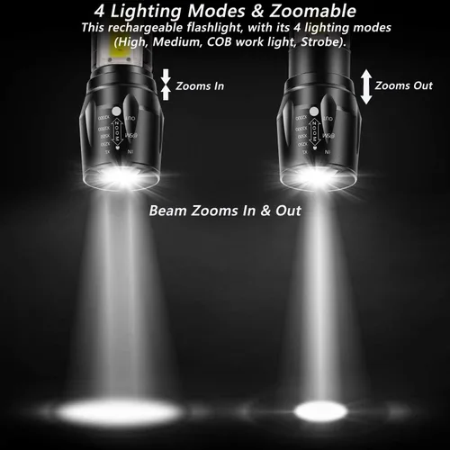Vista 4 de CLEZGO - Linternas recargables de alto lumens LED, mini linterna recargable USB para el hogar, 3 modos de enfoque ajustable, linterna portátil