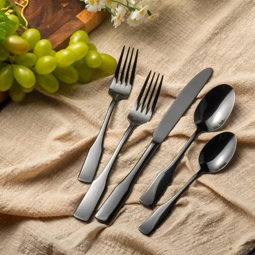 Vista 2 de Alata Kate Black Mirror - Cubiertos de 45 piezas con juego de utensilios para servir utensilios, servicio para 8, cubiertos de acero inoxidable