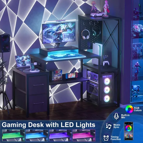 Vista 5 de Escritorio pequeño para juegos con 2 cajones de tela, escritorio reversible para computadora con toma de corriente y luces LED, escritorio