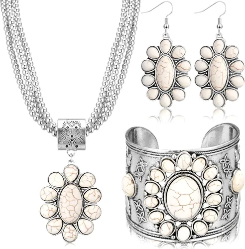Vista 10 de 3 piezas de joyería boho occidental para mujer, conjunto de joyas de turquesa, aretes vintage, pulsera, collar bohemio occidental para mujer Negro