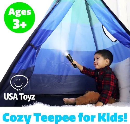 Vista 4 de USA Toyz Happy Hut Tienda Tipi para Niños - Tienda de Casa de Juegos Tipi Desplegable Interior para Niños, Niñas, Niños Pequeños con Bolsa de Azul
